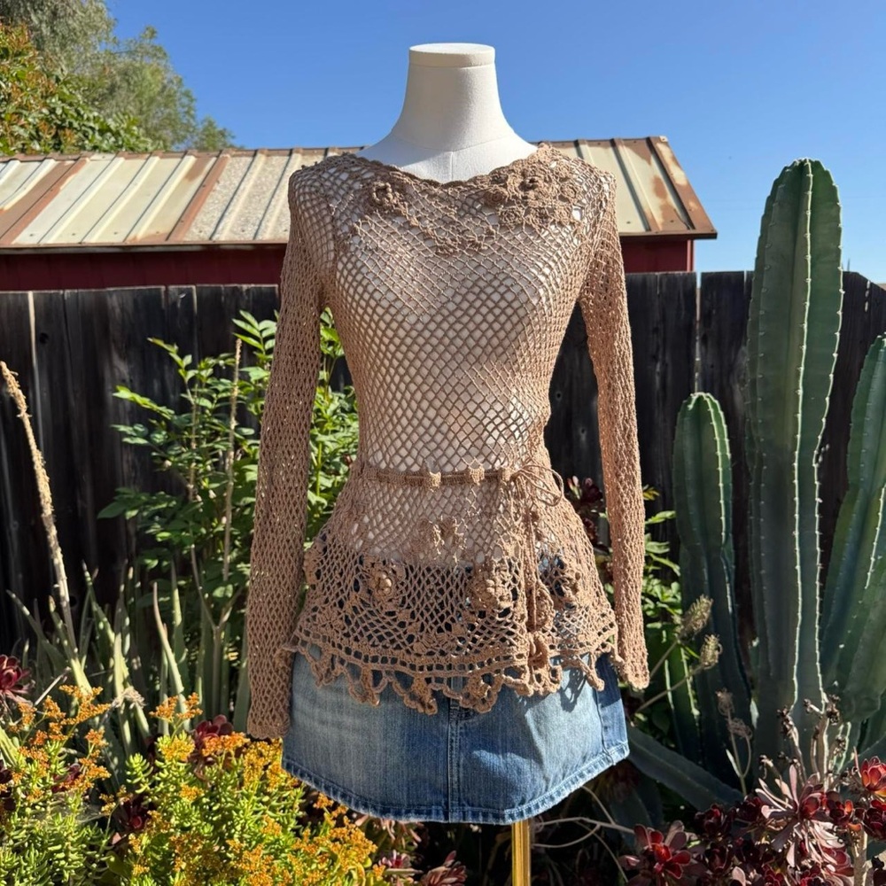 Twin-Set Floral Crochet Top in Brown